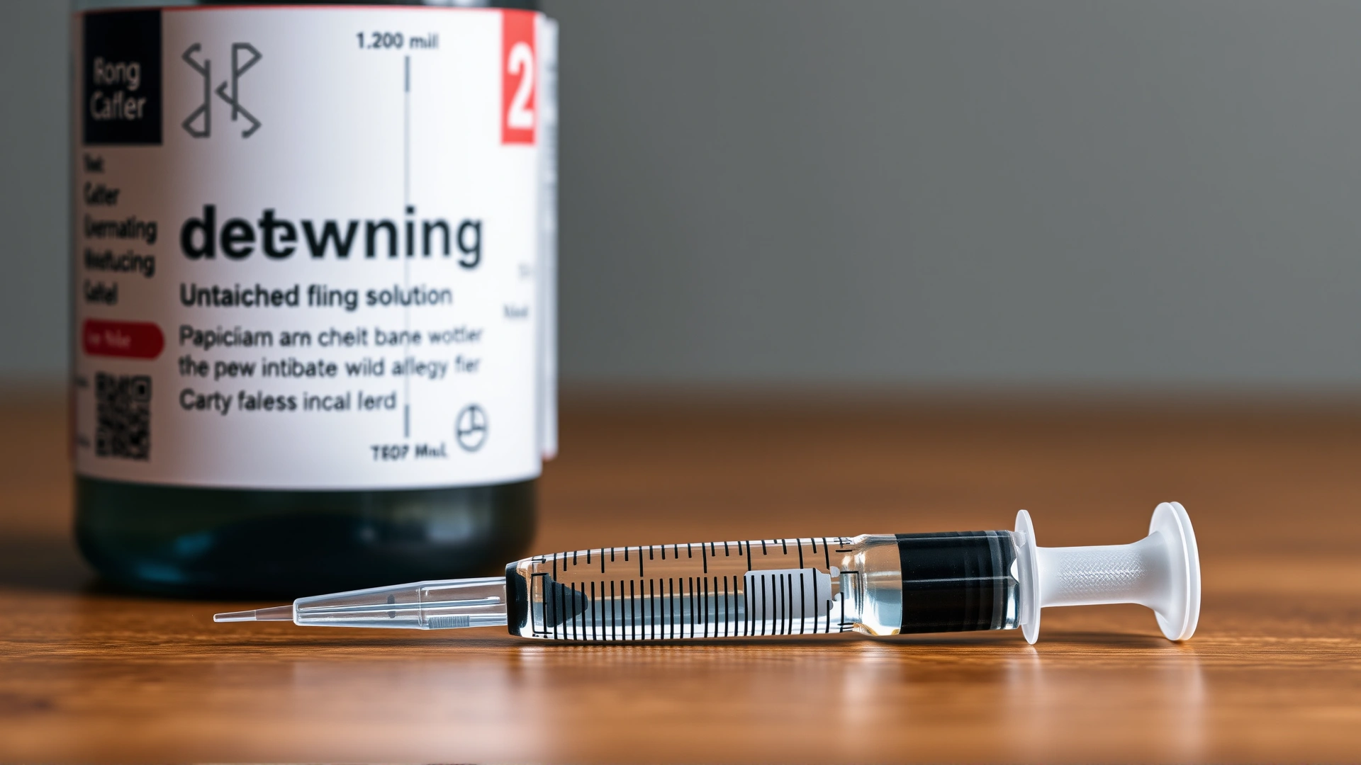 Close-up of a syringe filled with clear deworming solution next to an unlabelled medicine bottle on a wooden table, soft lighting.