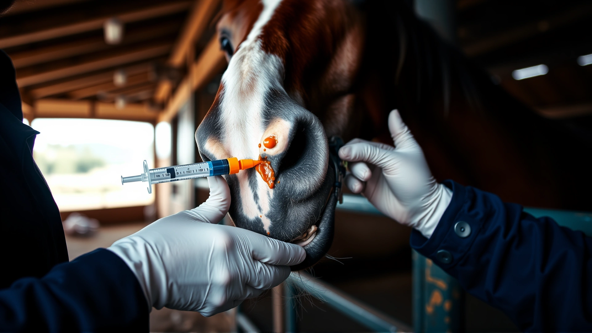 Close-up shot of a horse owner administering an oral syringe filled with orange rifampin paste into a cooperative bay horse's mouth inside a stable, shallow depth of field, no text.