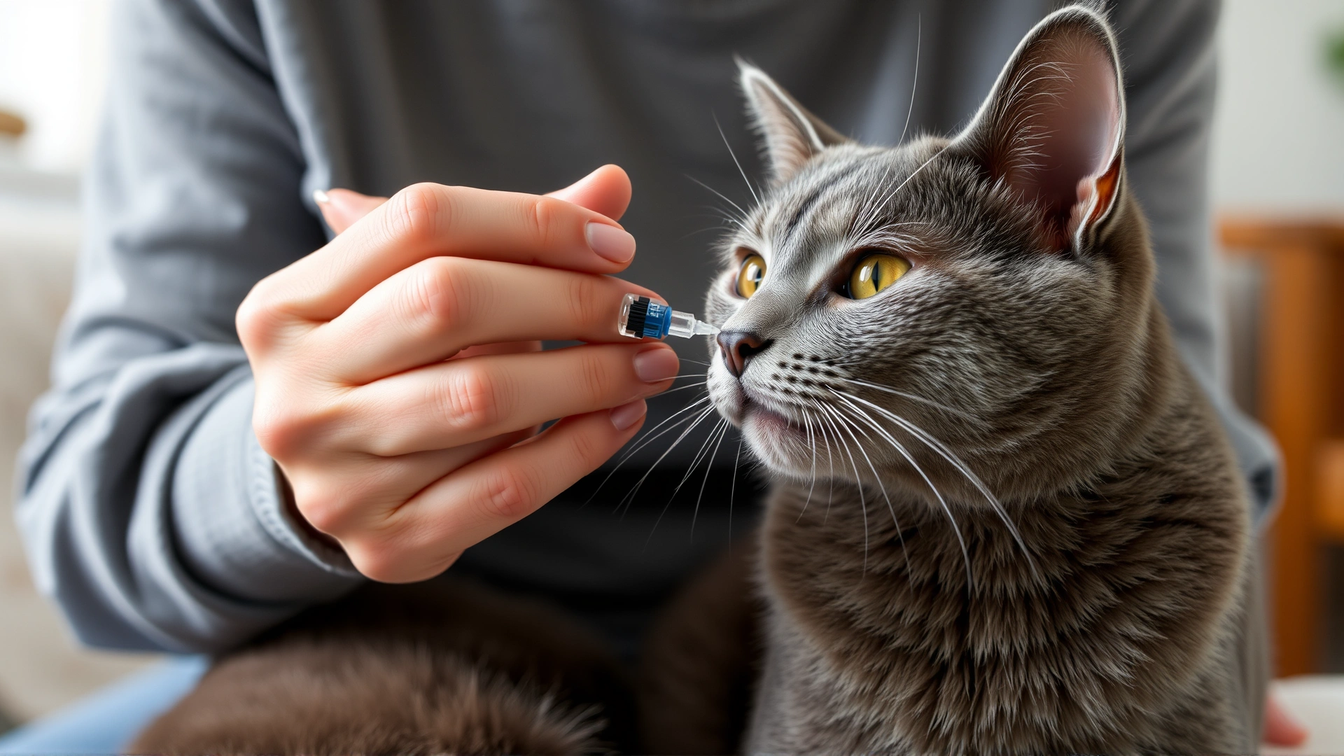 Cat owner administering eye drops to a grey domestic cat at home, close-up on hands and cat
