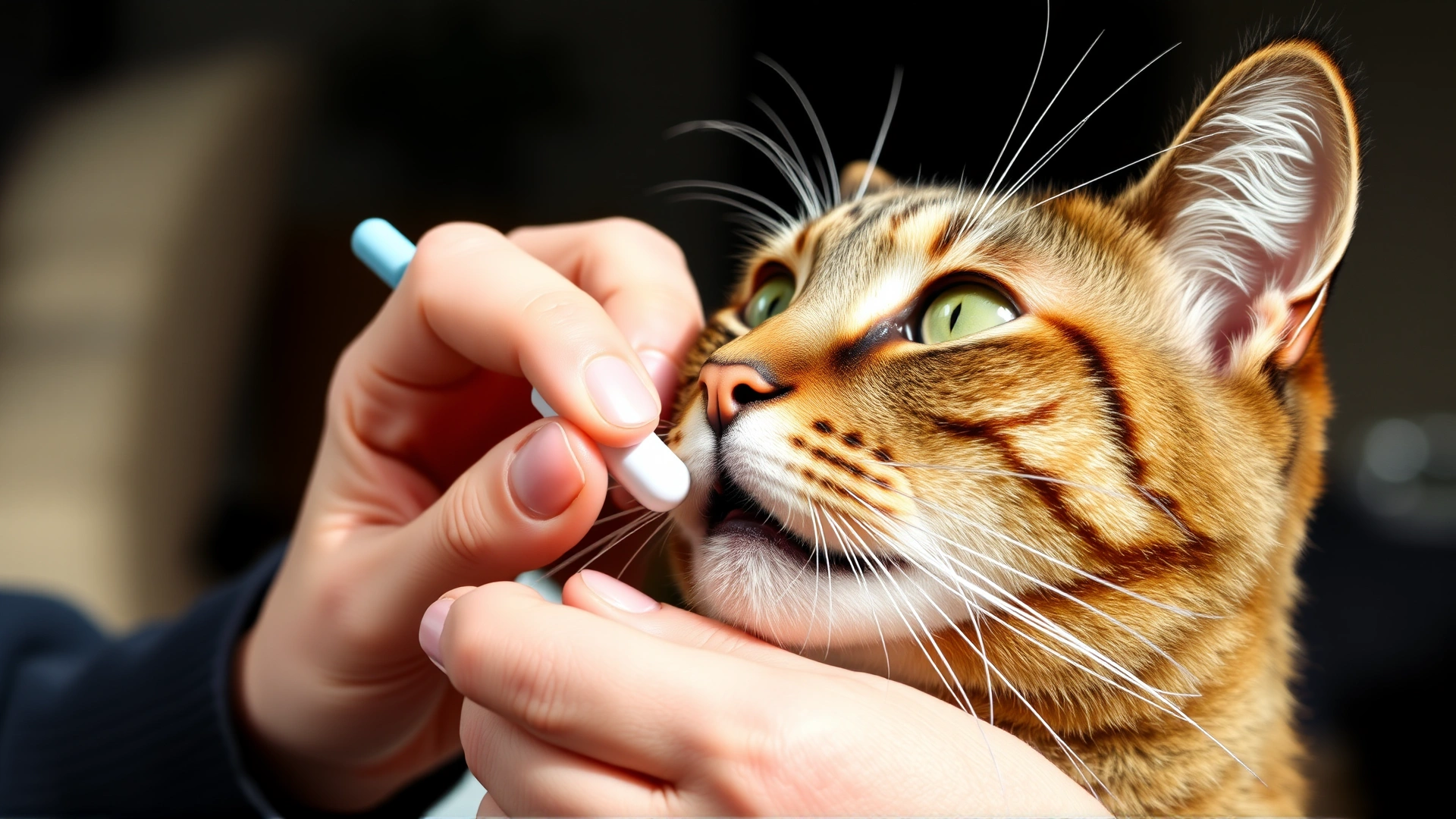 Close-up of a cat owner gently giving an oral pill to a cooperative tabby cat using a pill popper, home environment, natural light
