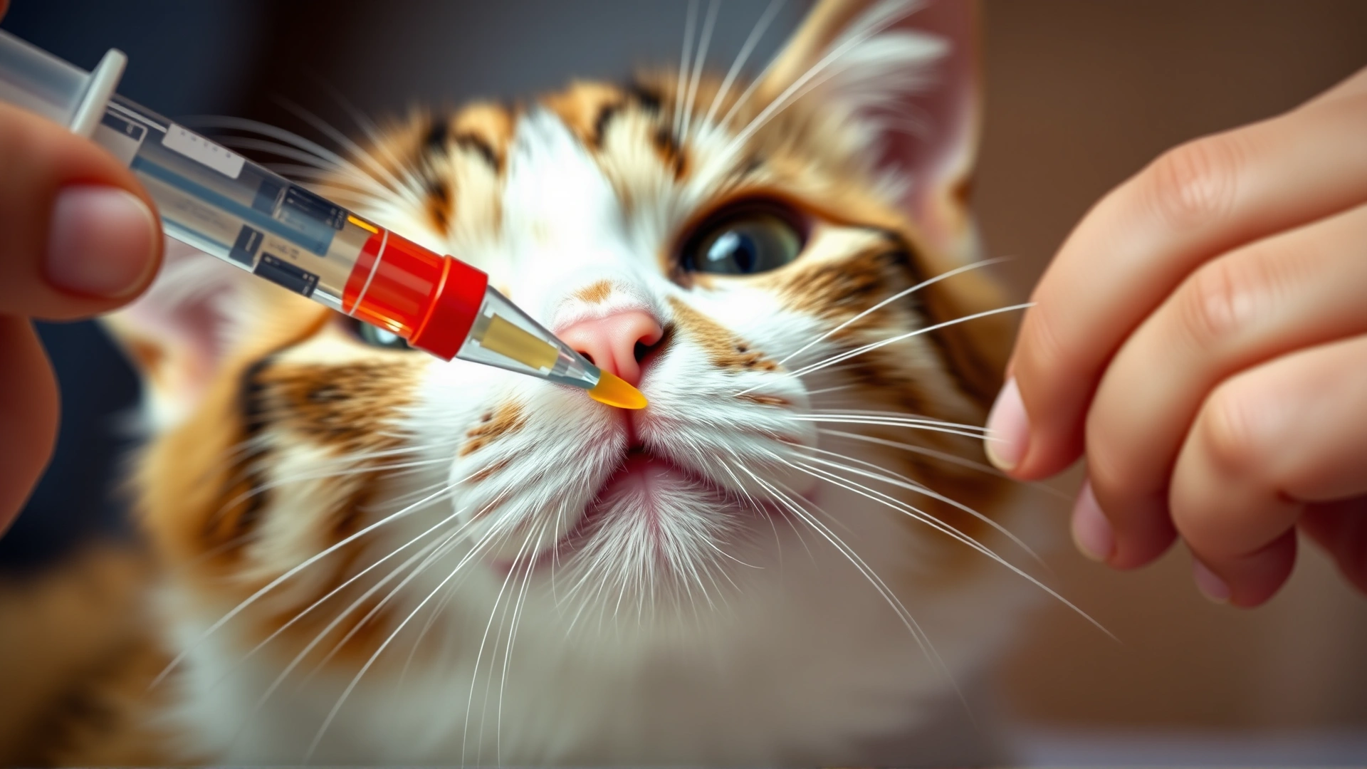 Close-up photo of a pet owner administering liquid deworming medication orally to a cooperative cat using a syringe