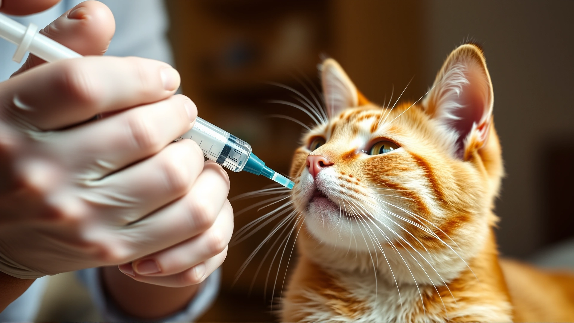 Person carefully giving an oral syringe of medication to a cooperative cat, close-up hands and cat head, warm indoor light