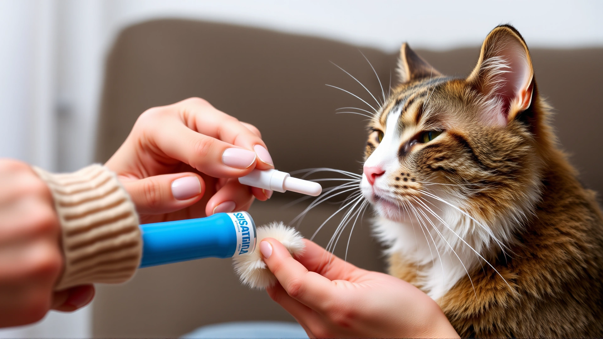 Owner giving an oral pill to a calm cat at home using a pill popper, emphasizing careful post-visit care.