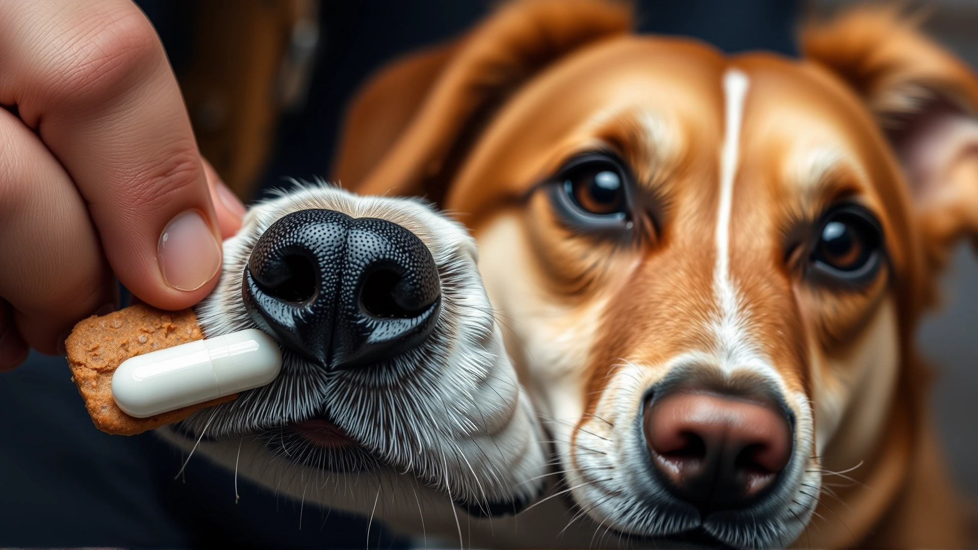 Close-up of a dog owner hiding a capsule inside a treat while the dog watches eagerly.