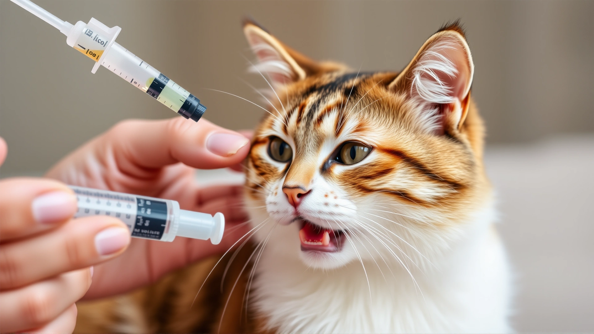 Close-up photo of a pet owner giving oral liquid medication to a cooperative cat using a dosing syringe (no needle).