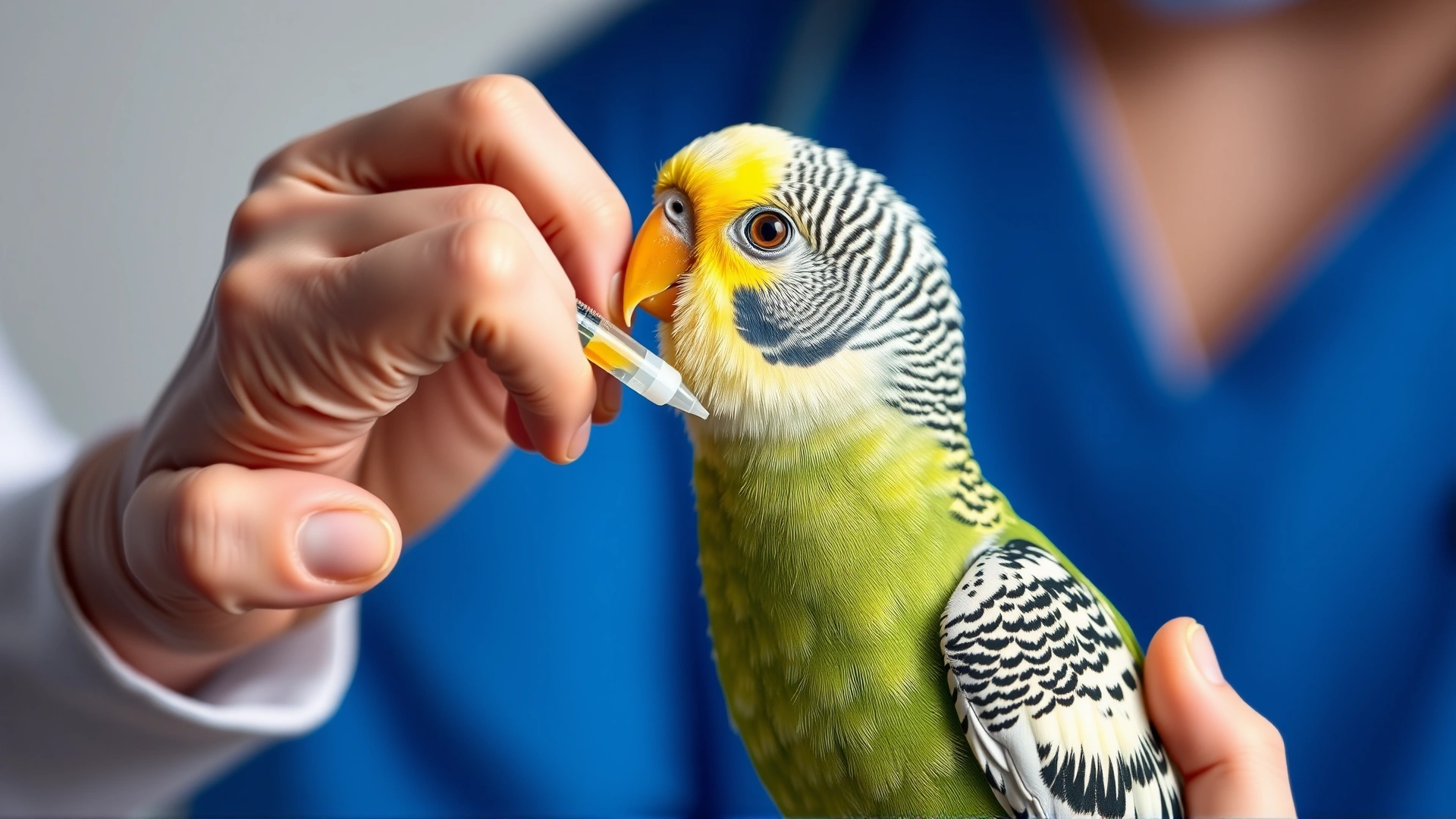 Caregiver administering liquid medication to a parakeet using a small syringe, demonstrating treatment process.