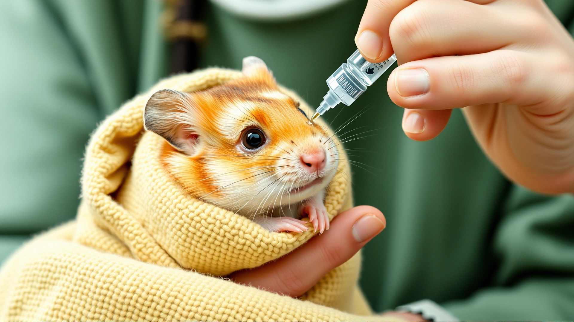 Pet owner gently restraining a hamster wrapped in a towel while applying medicated eye drops