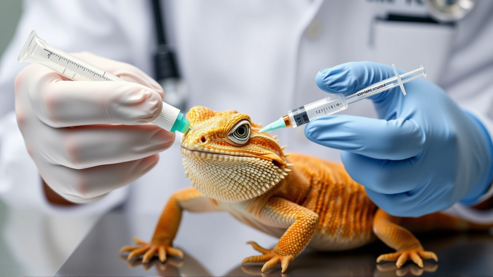 Vet gently administering oral metronidazole to a bearded dragon using a syringe.