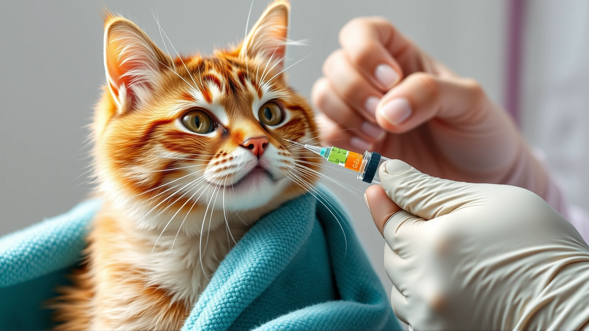 Cat owner giving liquid medication to a cooperative cat using a syringe, with a towel wrapped around the cat for restraint.