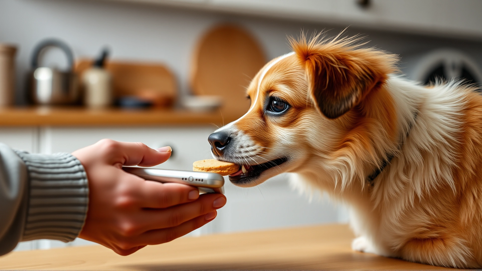 Close-up of a pet owner giving a tablet to a small dog using a treat, at home kitchen counter.