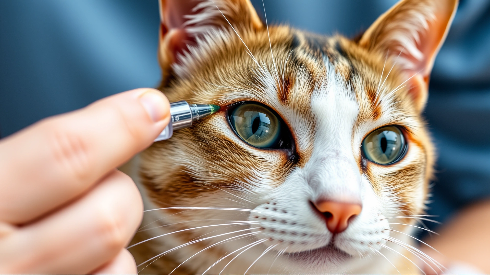 Owner gently applying eye drops to a calm cat, close-up on hand and cat's eye, demonstrating medication administration