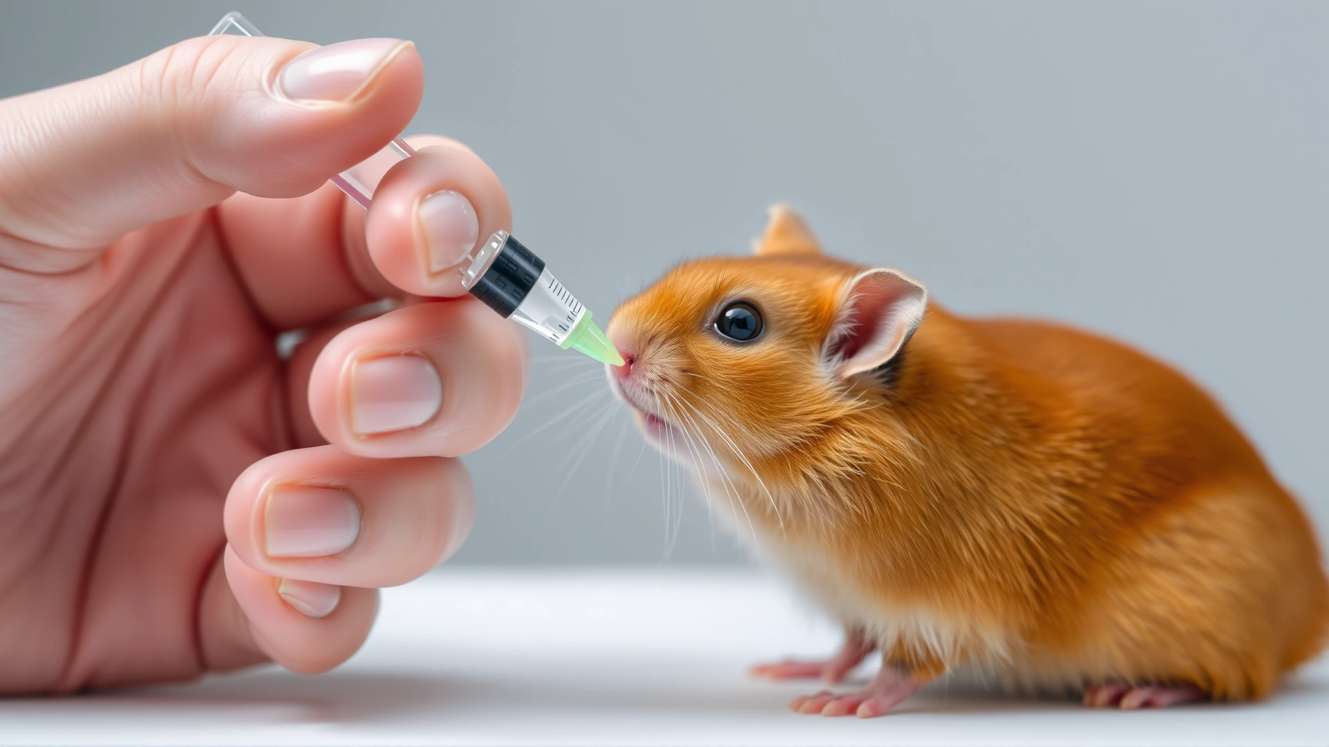 Hand holding a small oral syringe approaching a calm hamster to administer liquid medication, close-up shot.
