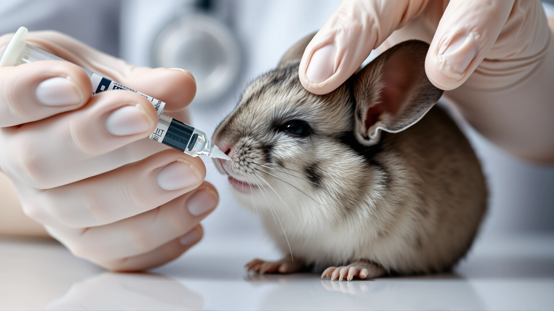 Close-up of a caretaker's hands giving oral medication via syringe to a calm chinchilla
