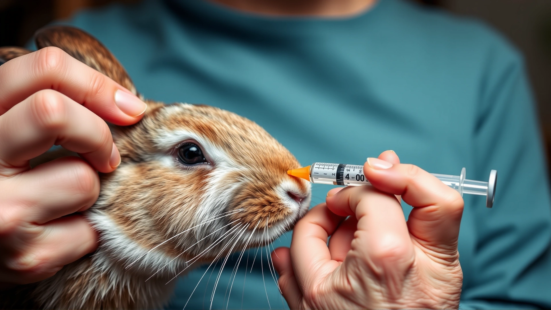 Close-up of a caregiver giving oral medicine to a rabbit using a syringe without needle, at home, gentle handling.