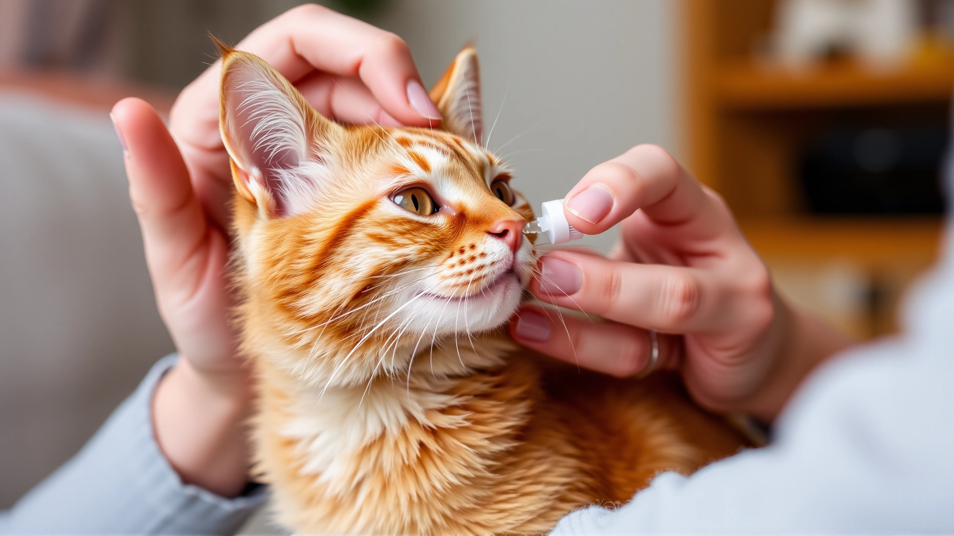 Cat owner gently administering eye drops to an orange tabby cat at home, using one hand to tilt the cat’s head and the other to apply drops.