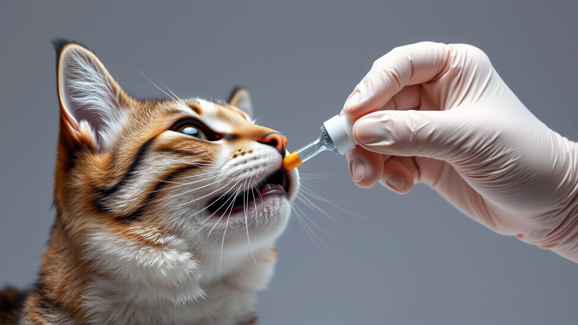 Close-up of gloved hands giving an oral pill to a cooperative tabby cat using a pill shooter, clean background