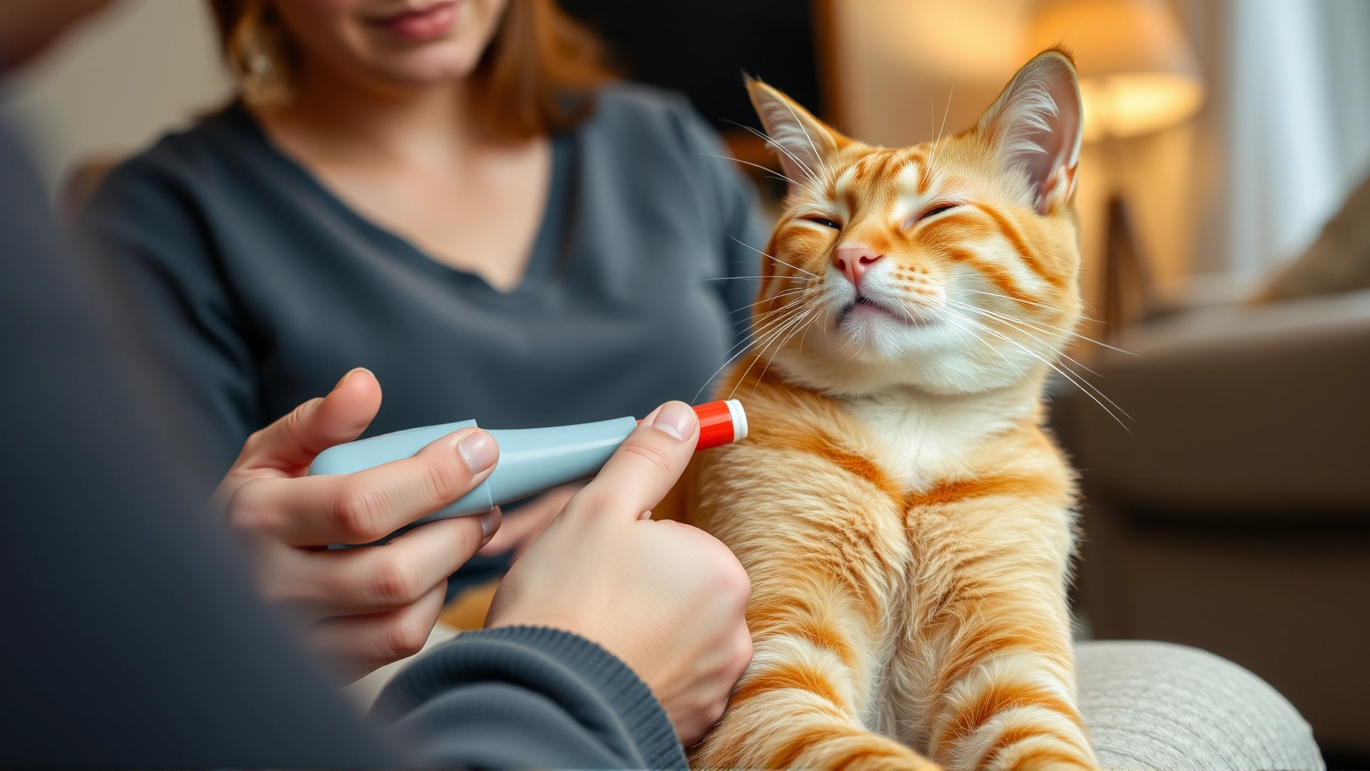 Photo of a pet owner giving oral medication to a relaxed orange tabby cat using a pill popper at home, cozy living room background