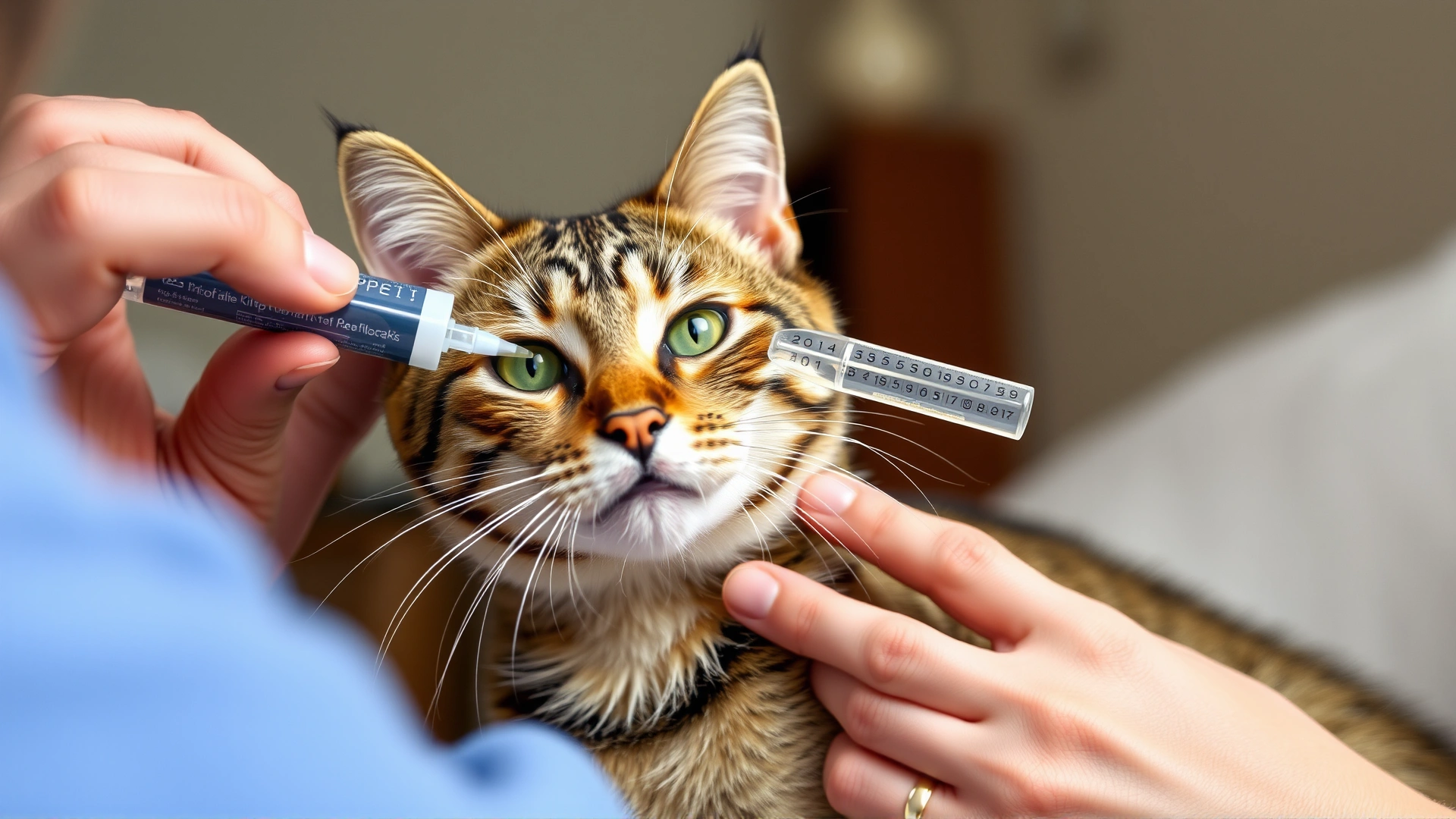 Pet owner applying eye drops to a cooperative tabby cat, hands visible, clean home environment