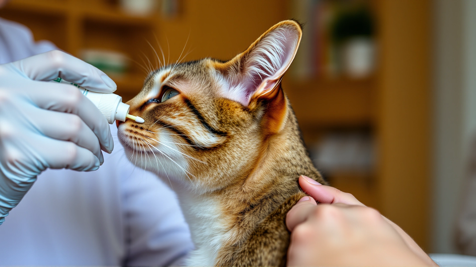 Pet parent applying a topical spot-on treatment to the back of a cat’s neck at home, close-up shot.