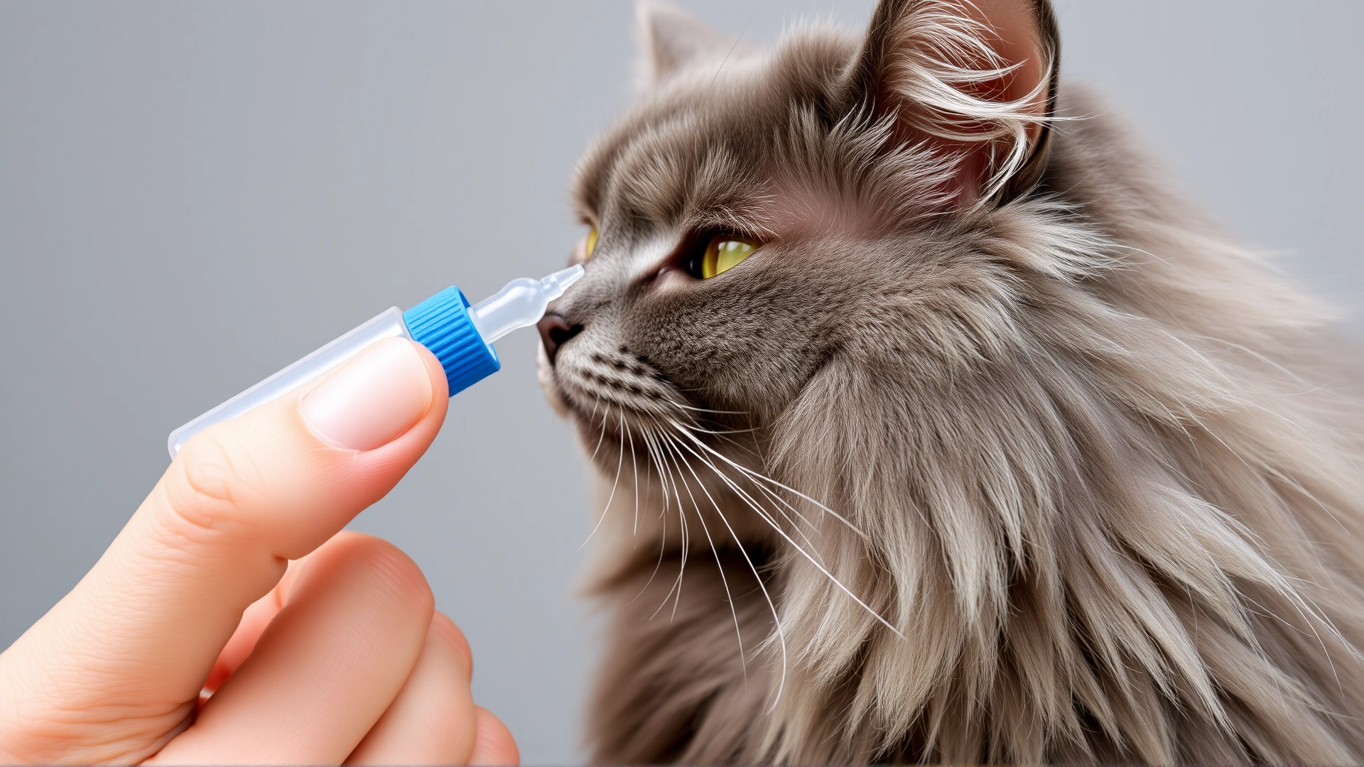 Close-up image of a hand administering ear drops to a long-haired gray cat, dropper clearly visible, neutral background.