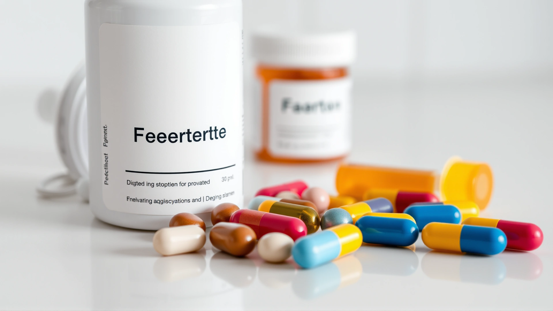 High-resolution photo of a white pill bottle labeled with a generic veterinary prescription (no visible text) next to colorful dog pills on a clean countertop.