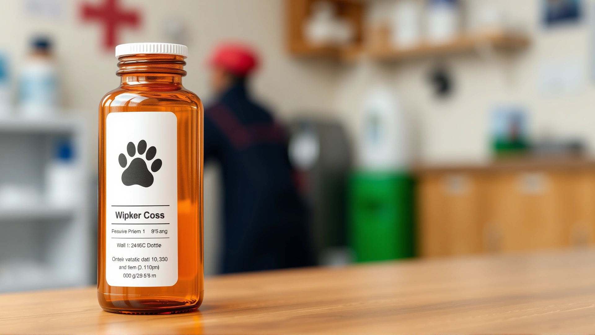 A small amber veterinary prescription bottle with a clear white label showing a paw print icon and dosage instructions, placed on a wooden counter with soft focus veterinary clinic background