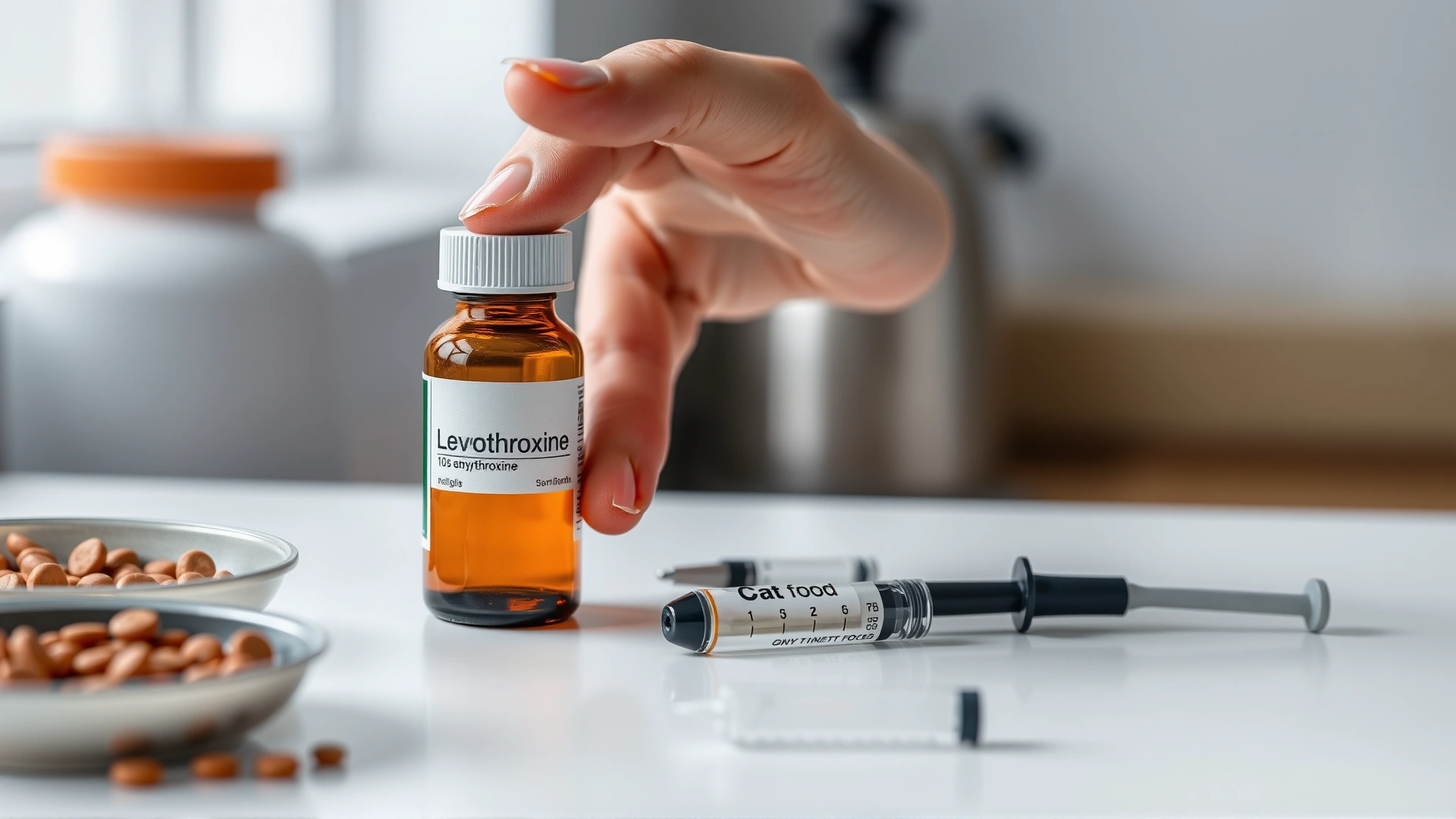 Human hand holding a small amber bottle labeled ‘Levothyroxine’ with cat food and measuring syringe beside it on a white counter.