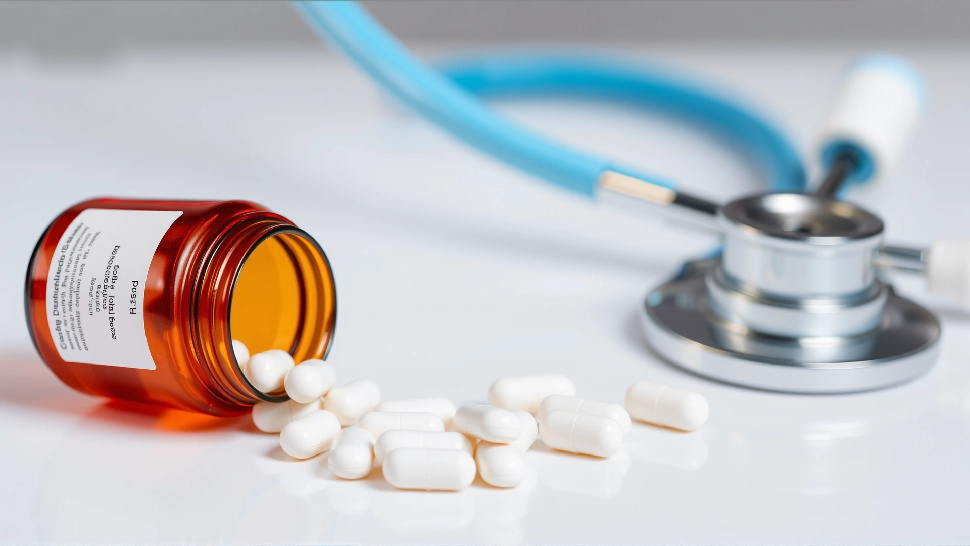 Small amber pill bottle tipped over with white tablets spilling onto white surface; stethoscope in background; conveys medication concept, no text.