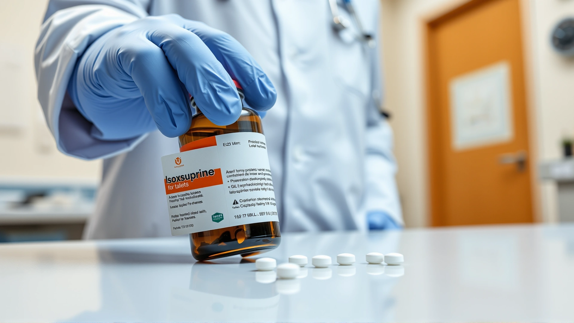 Close-up of a veterinarian’s gloved hand holding a bottle of Isoxsuprine tablets for horses on a clean clinic counter