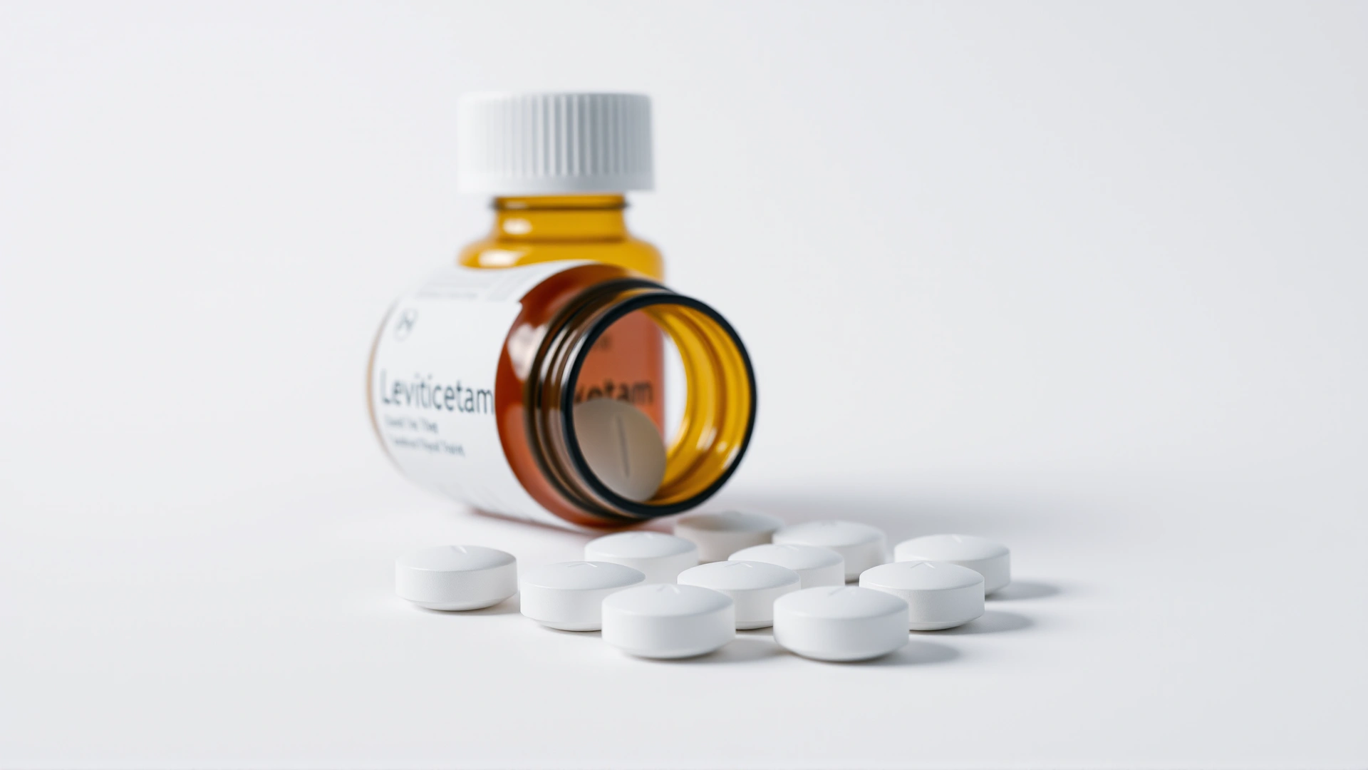 Studio shot of Levetiracetam tablets and bottle on clean white background, sharp detail