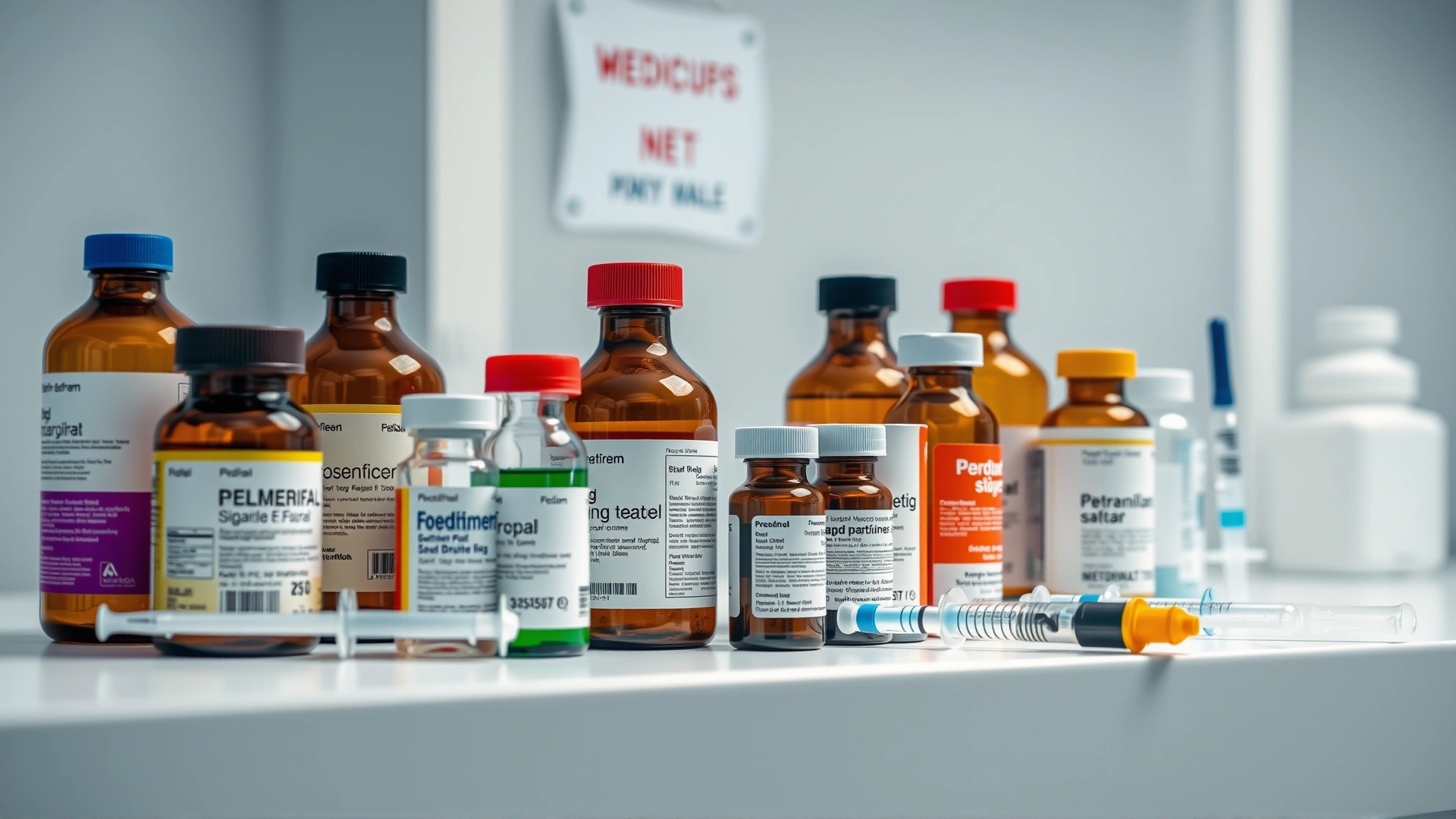 High-detail shot of assorted veterinary medication bottles and syringes neatly arranged on a white counter under clinical lighting.