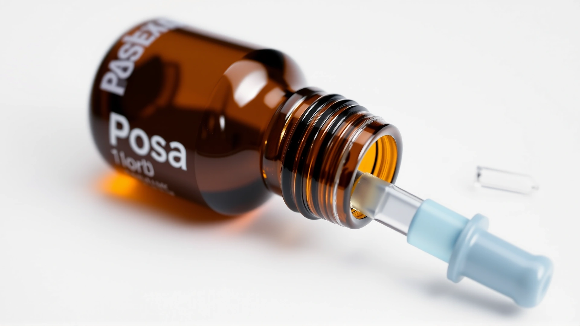 Posatex-like ear drop suspension bottle and applicator tip on a white background with soft shadow, no branding, no text