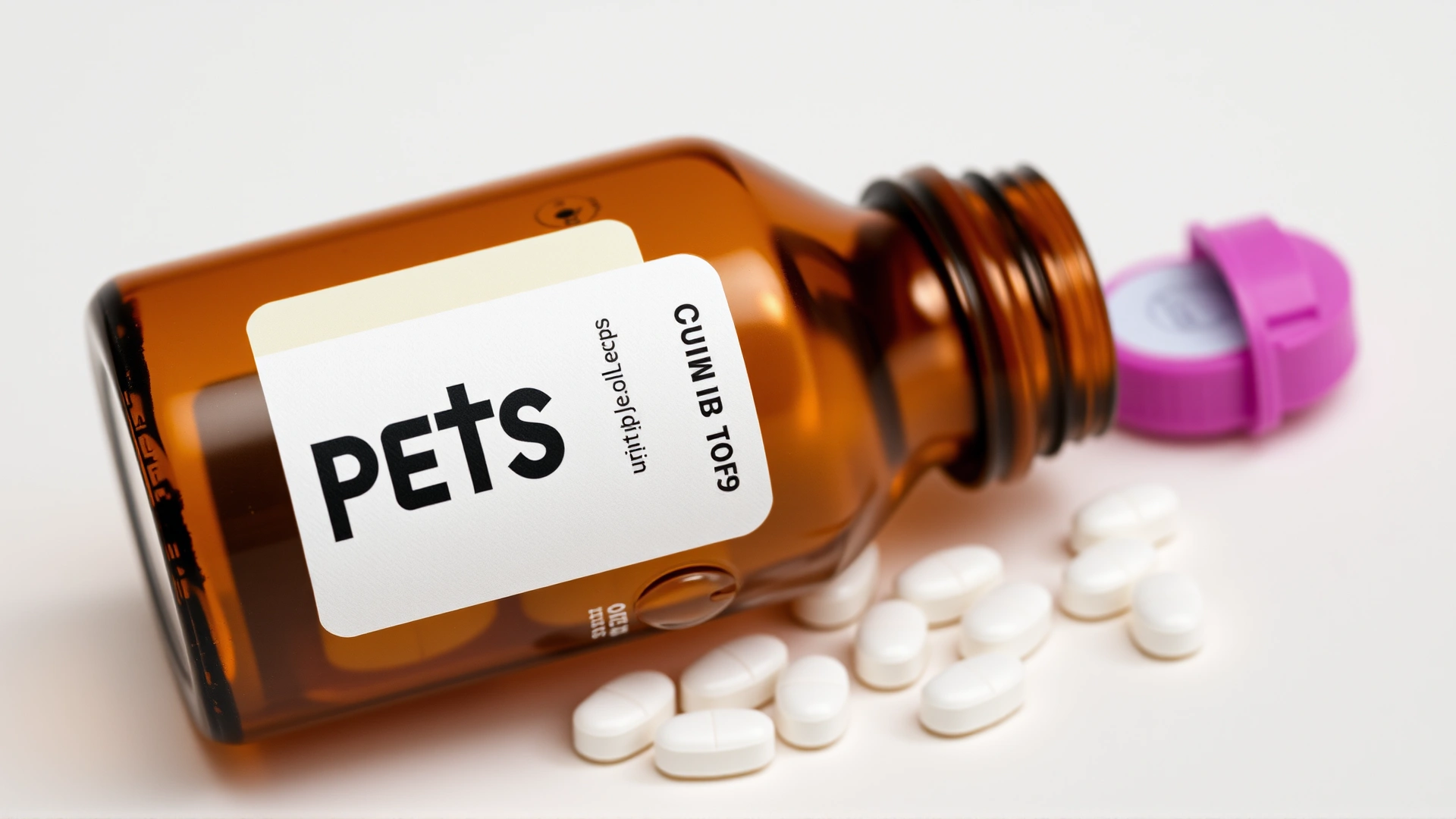 Close-up of an amber prescription bottle labeled for pets (no readable text) with several small white tablets spilled out next to it, soft neutral background