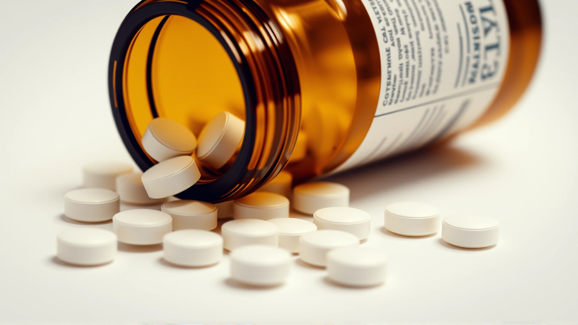 Close-up of white sertraline tablets spilling from an unlabeled amber pill bottle on a clean white surface