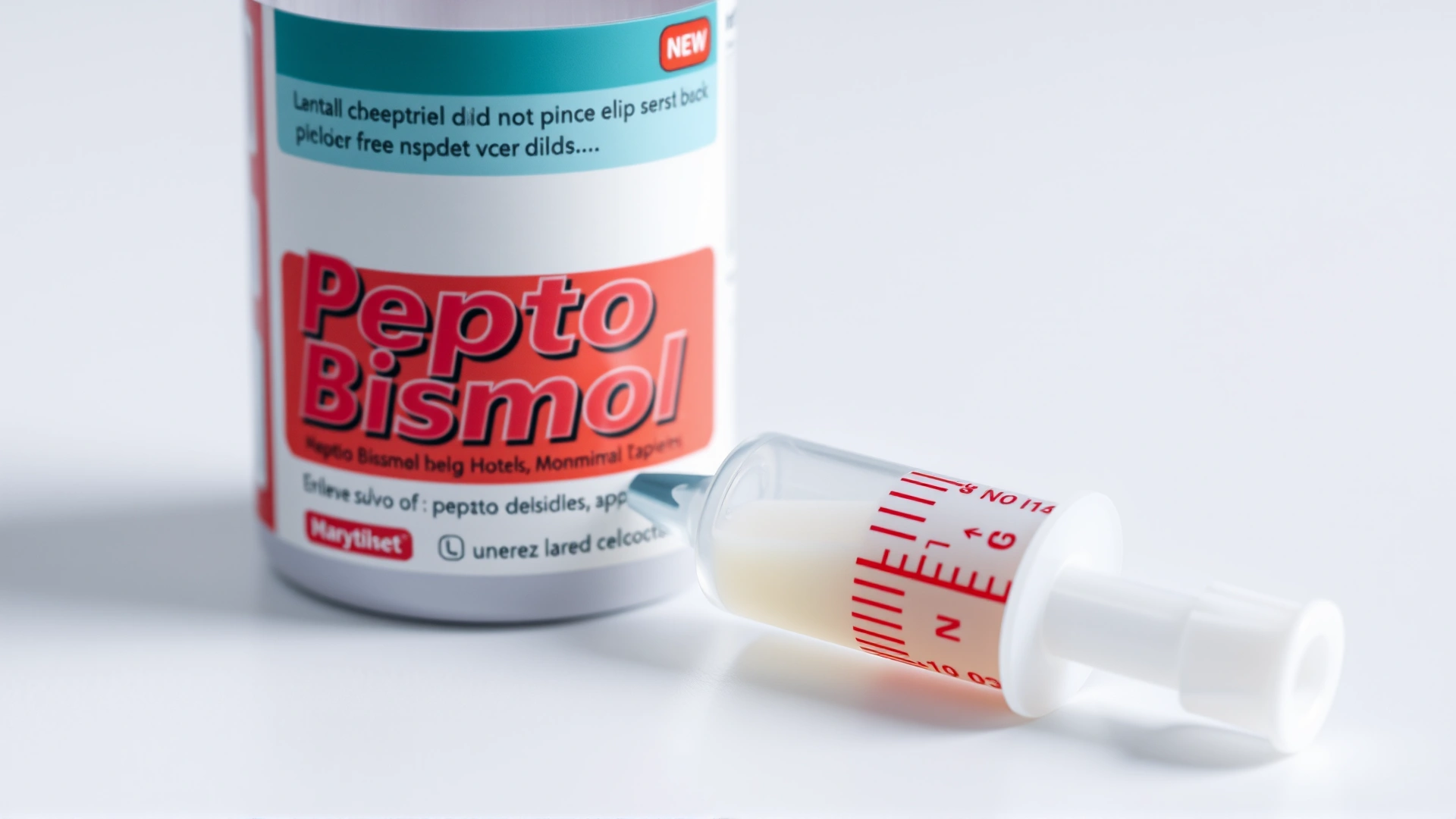 Macro shot of a Pepto Bismol bottle with the measuring syringe filled halfway, white background, high detail