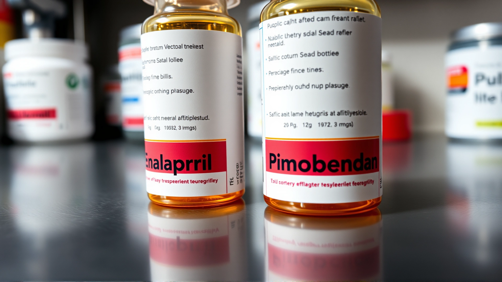 Close-up of two labeled prescription bottles reading 'Enalapril' and 'Pimobendan' on stainless steel veterinary counter, shallow depth of field