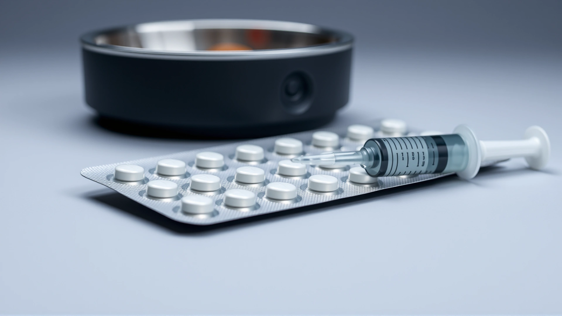 Close-up of Bexacat pill blister pack placed beside a feeding dish and a syringe (for scale), neutral background.