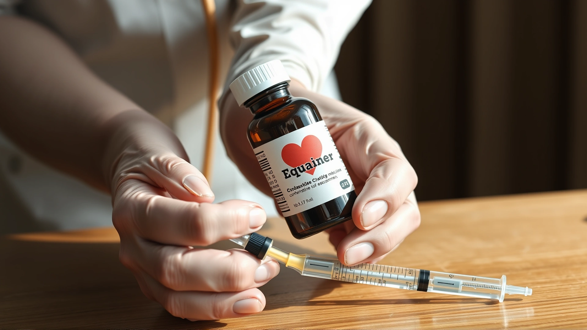 Close-up of human hands holding a bottle of equine cardiac medication and a syringe on a wooden table with soft natural light, symbolizing treatment.