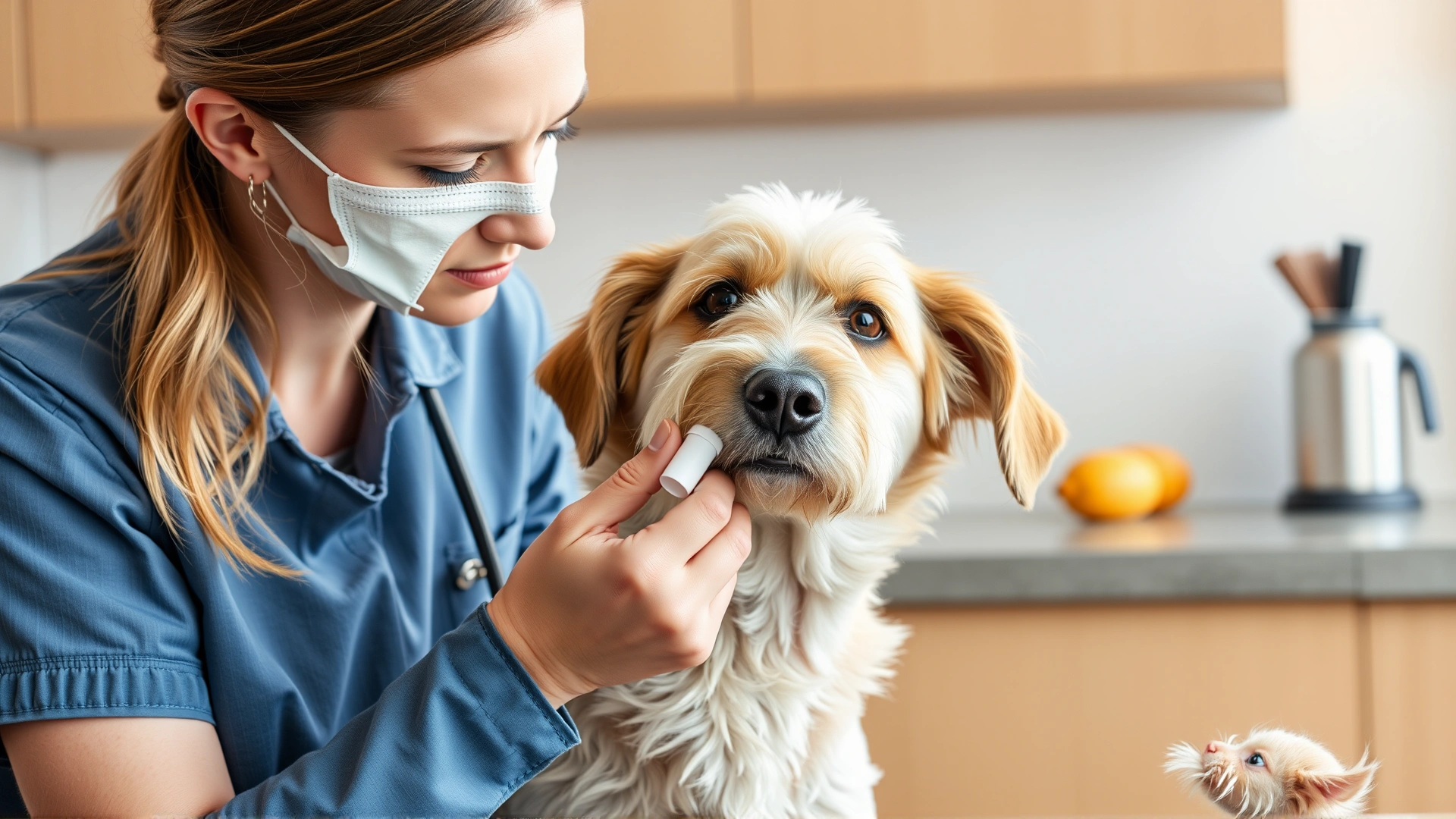 Close-up of a gentle pet sitter giving medication to a senior dog in a kitchen, clean background, no text