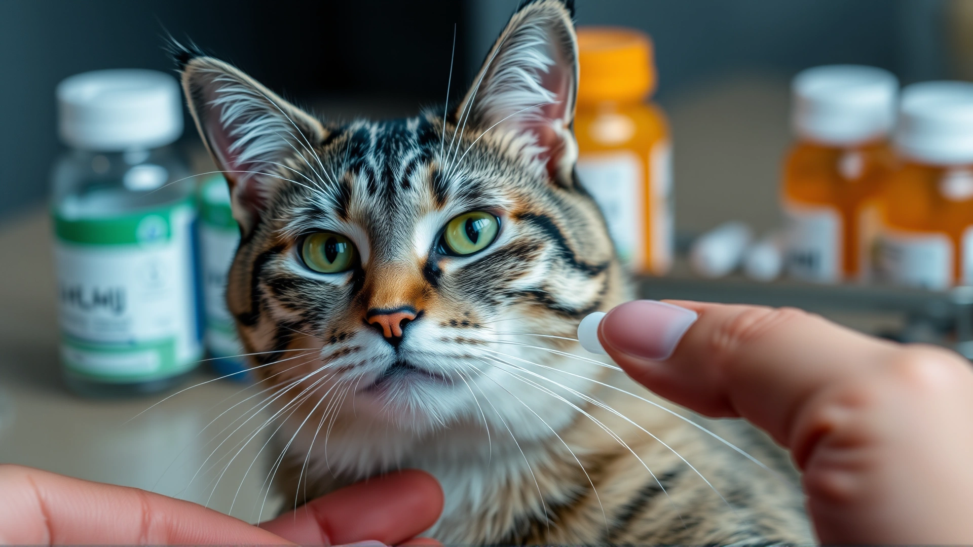 Close-up of a cat owner’s hand giving a small pill to their cat, with medication bottles blurred in the background.