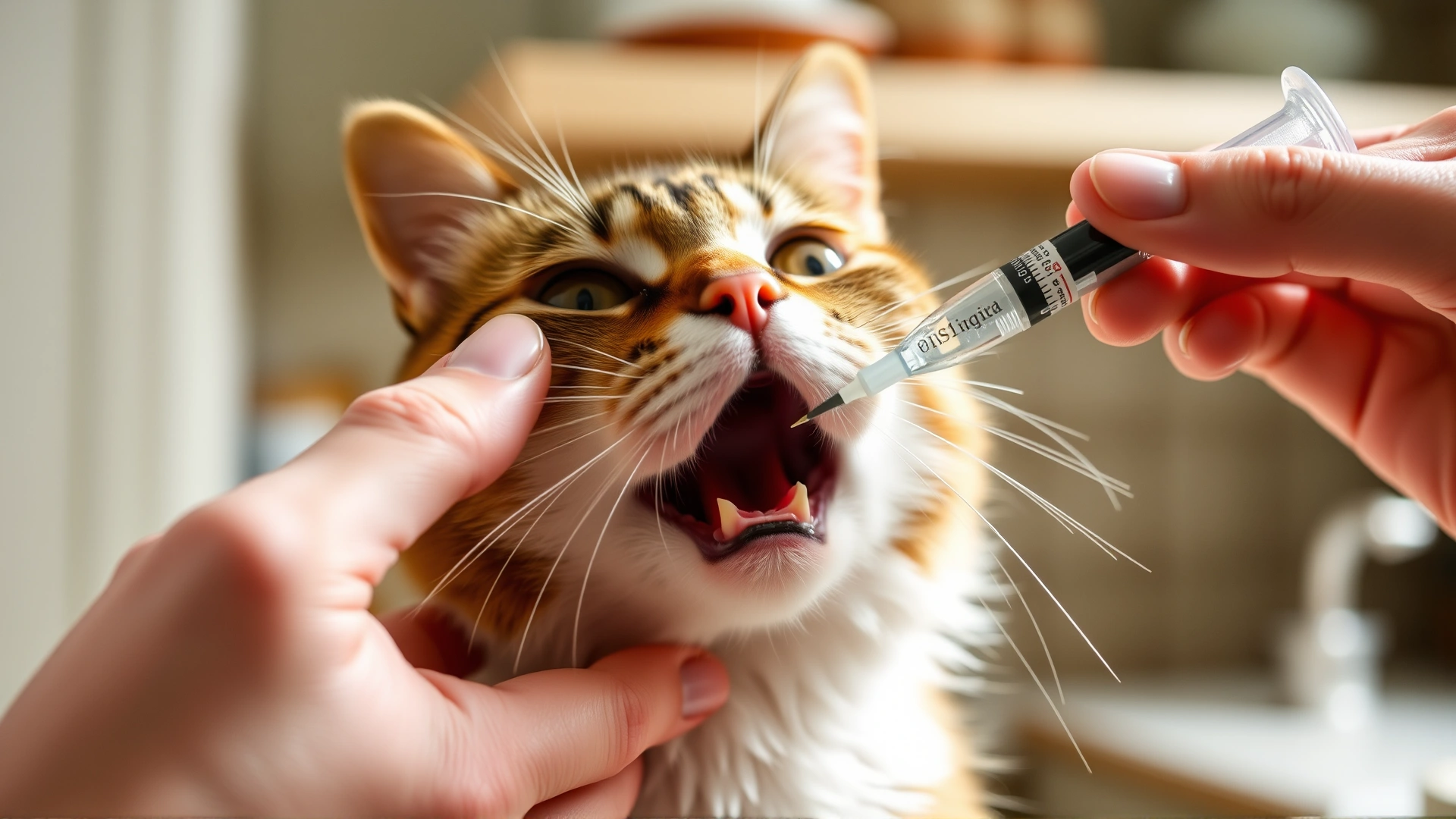 Close-up of a cat owner administering liquid medication with a syringe (without needle) into a calm cat's mouth; kitchen background, natural light