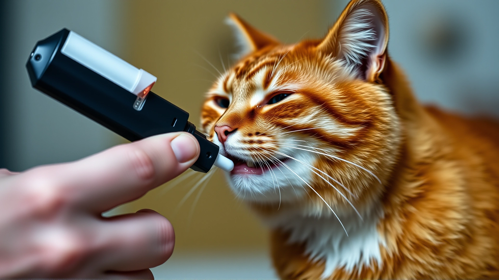 Owner giving an oral tablet to a cooperative orange tabby cat using a pill gun, close-up on hands and cat’s mouth