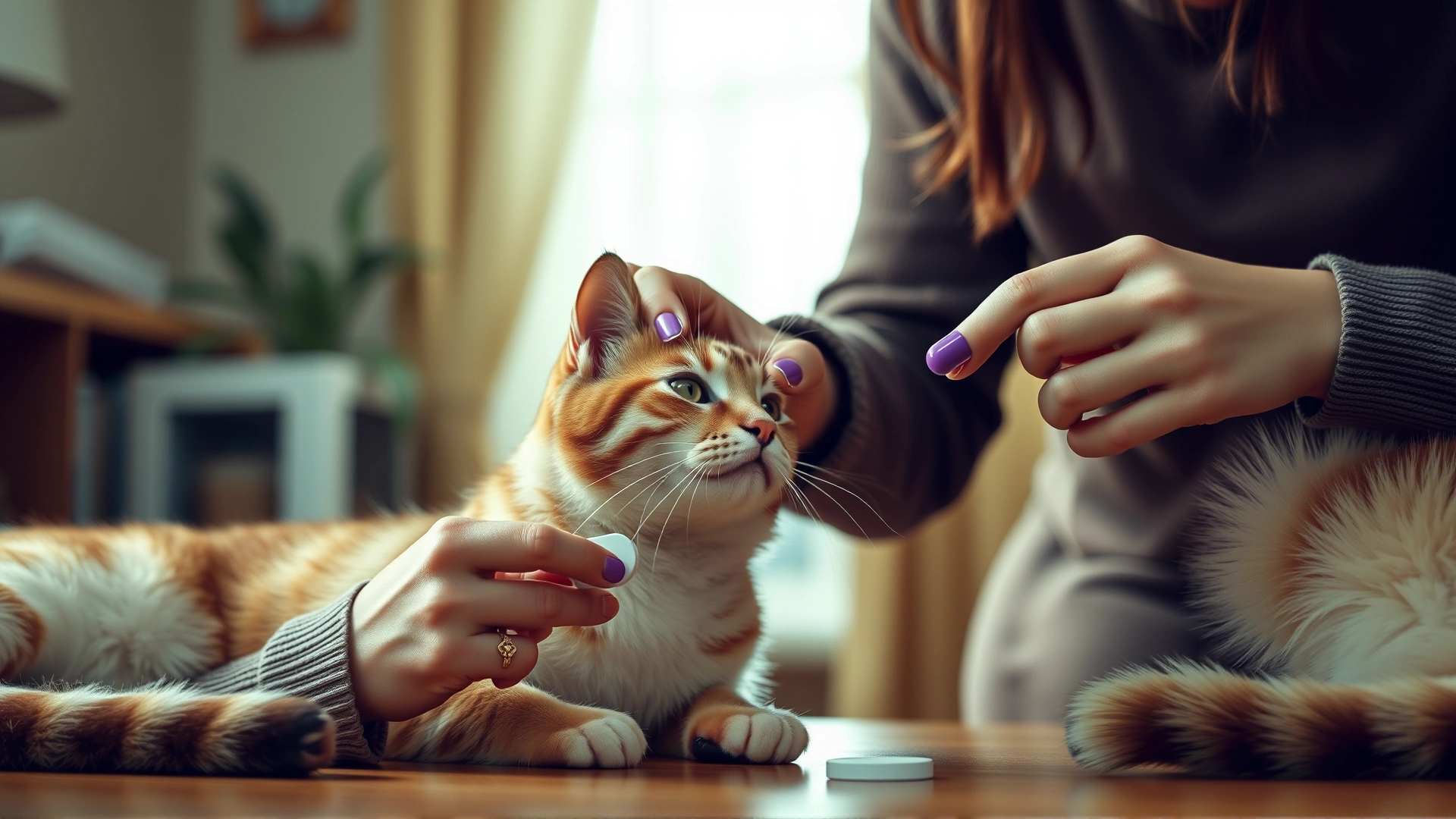 Cat owner using a pill popper to give a tablet to a calm cat, warm indoor home environment