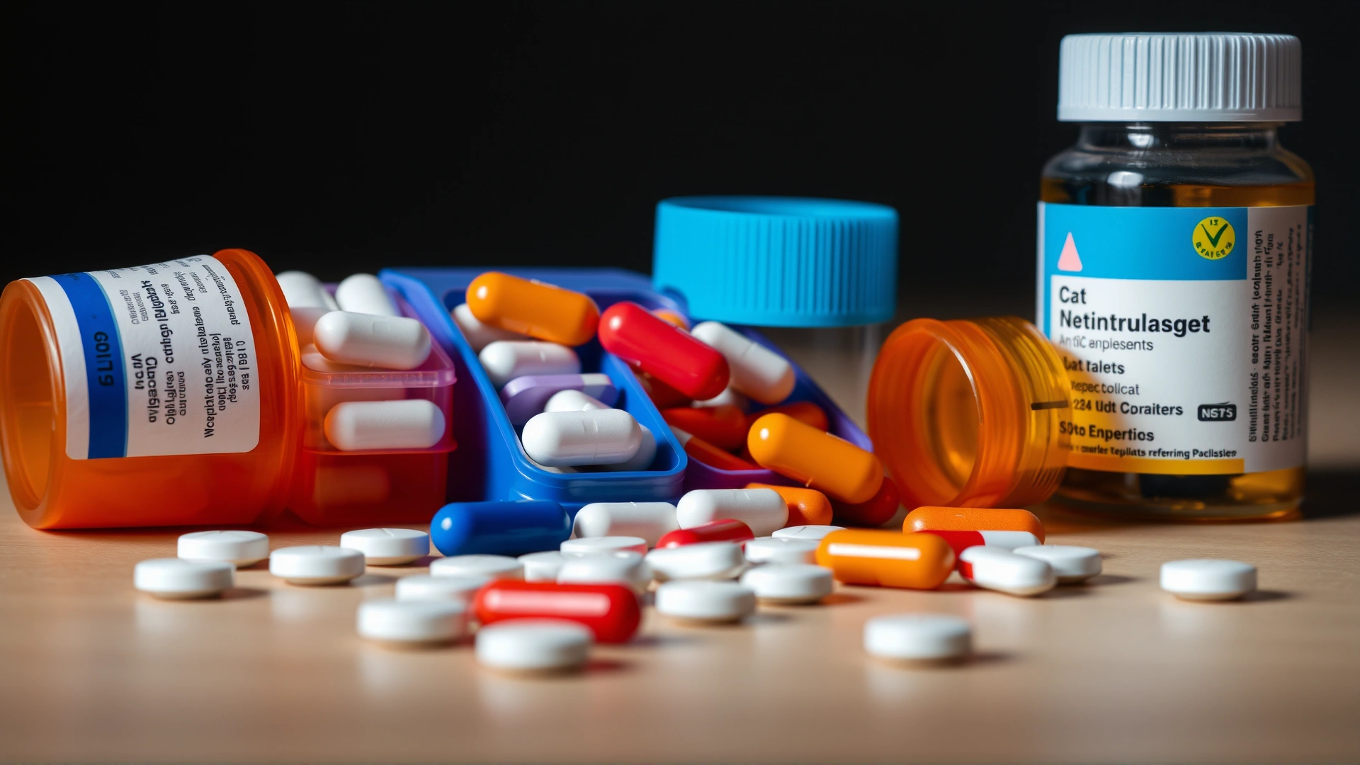 Assorted veterinary anticonvulsant pills in labeled pill organizers next to a prescription bottle marked for cats, soft studio lighting