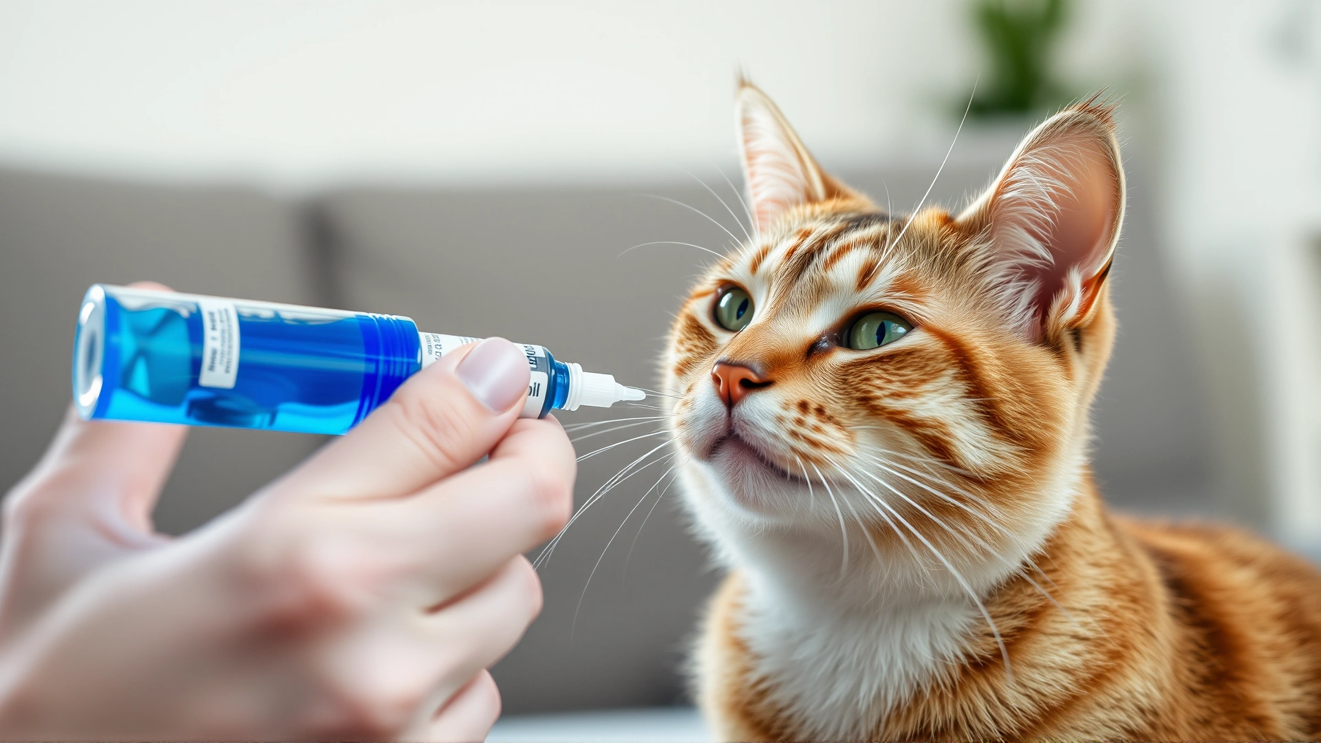 Close-up photo of a cat owner administering oral liquid medication to a calm cat at home, soft natural lighting