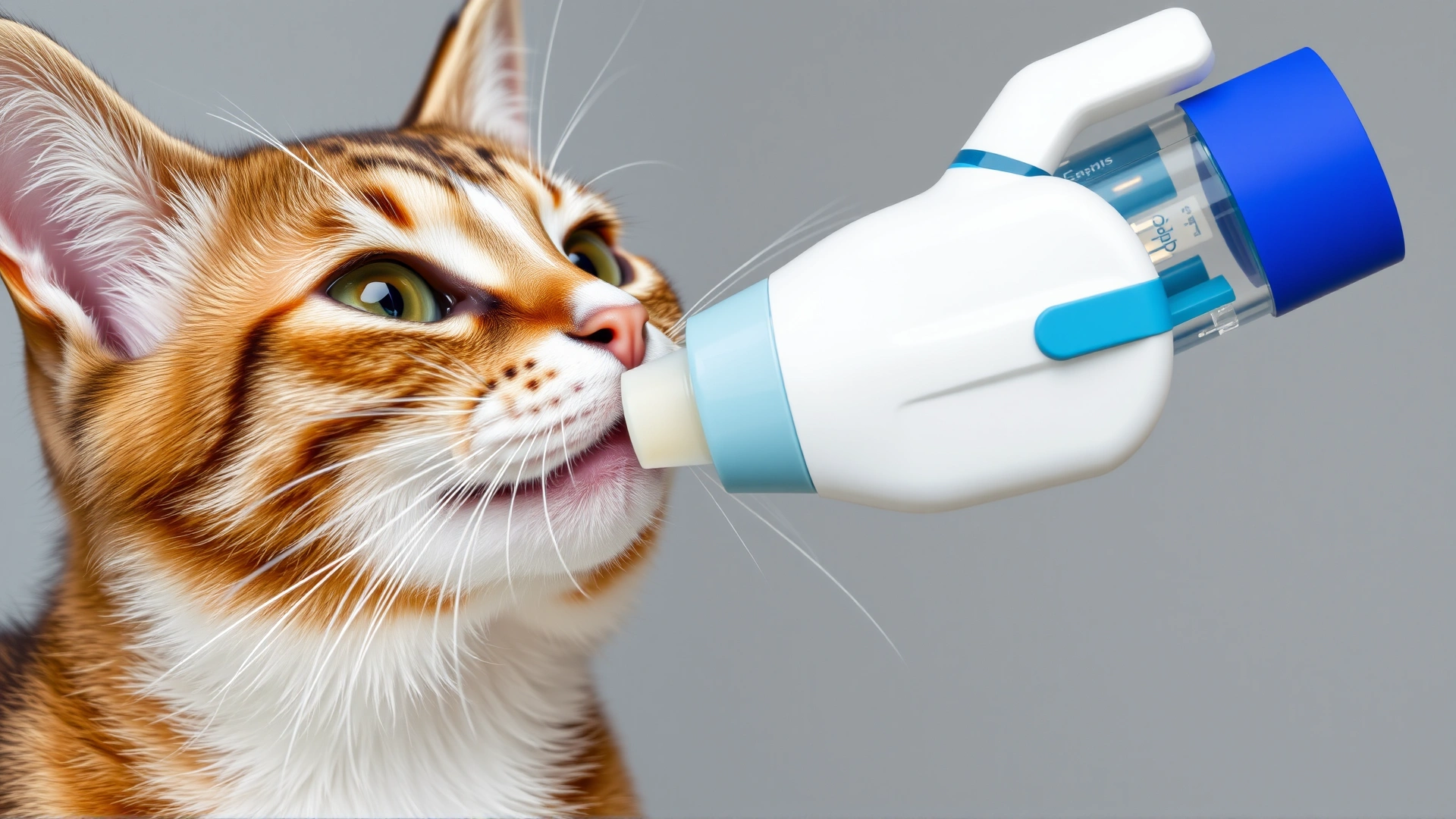 Close-up of a cat receiving medication through an inhaler mask specially designed for feline asthma, neutral background.