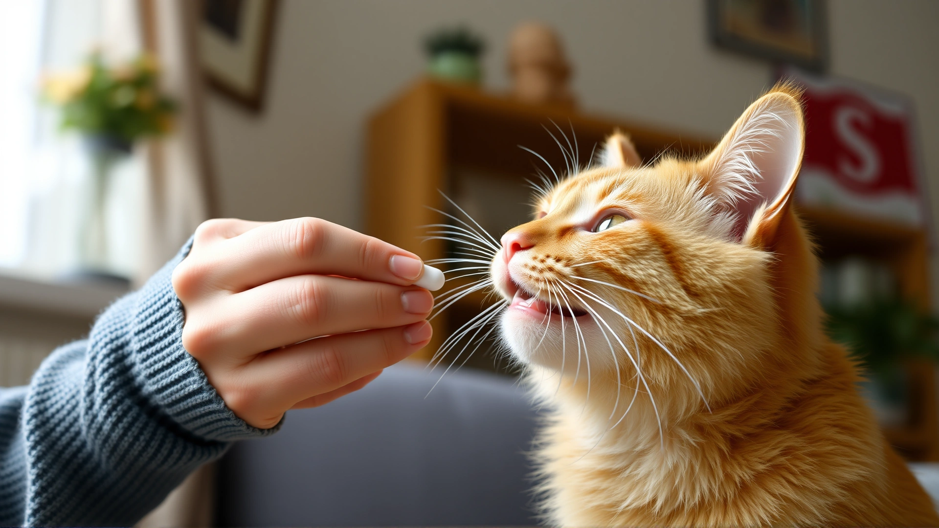 Cat owner gently giving an oral pill to a cooperative ginger cat at home, soft natural lighting, no labels or packaging visible.