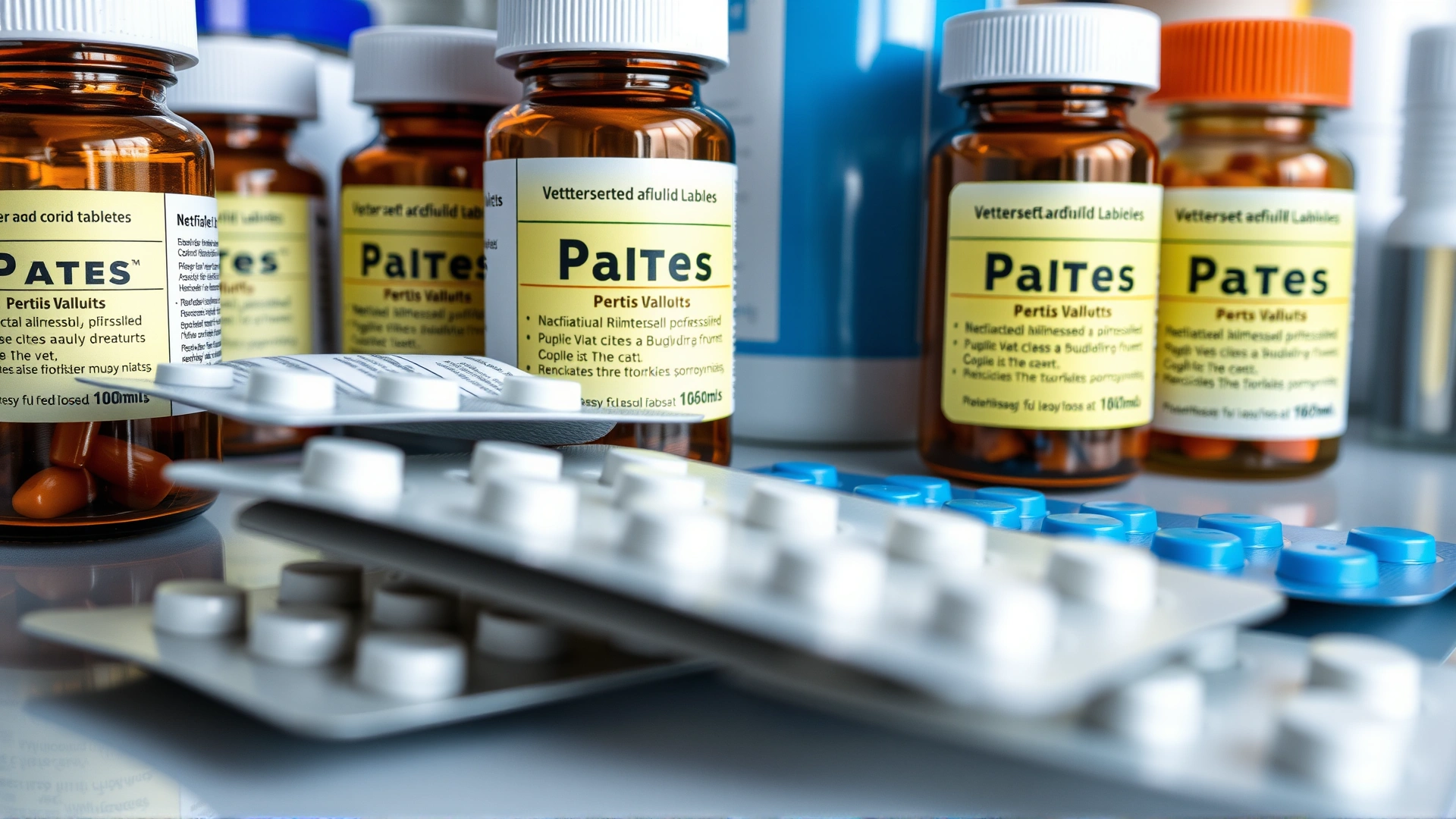 Close-up of vet-prescribed pill bottles and blister packs labeled for cats, on a clean countertop
