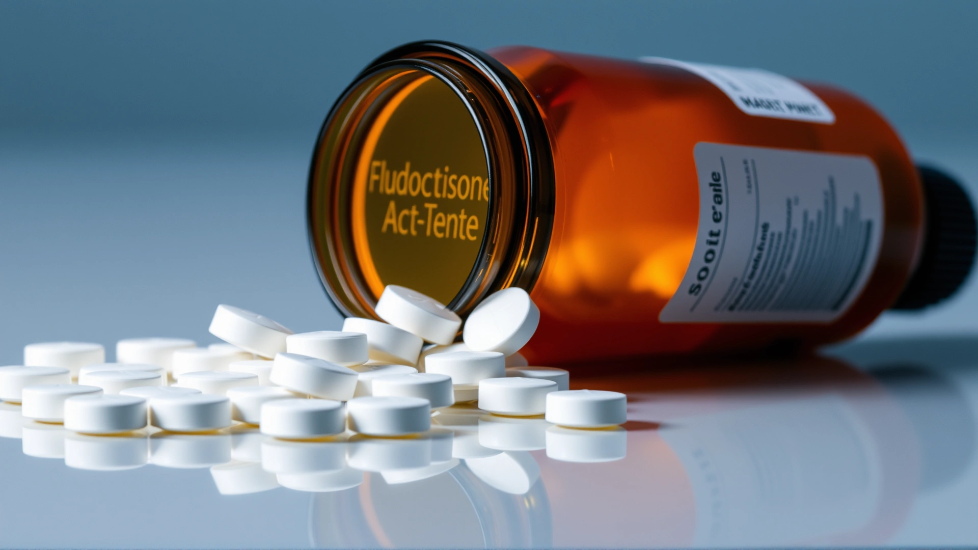 Macro photograph of white fludrocortisone acetate tablets spilling from an amber prescription bottle onto a reflective surface