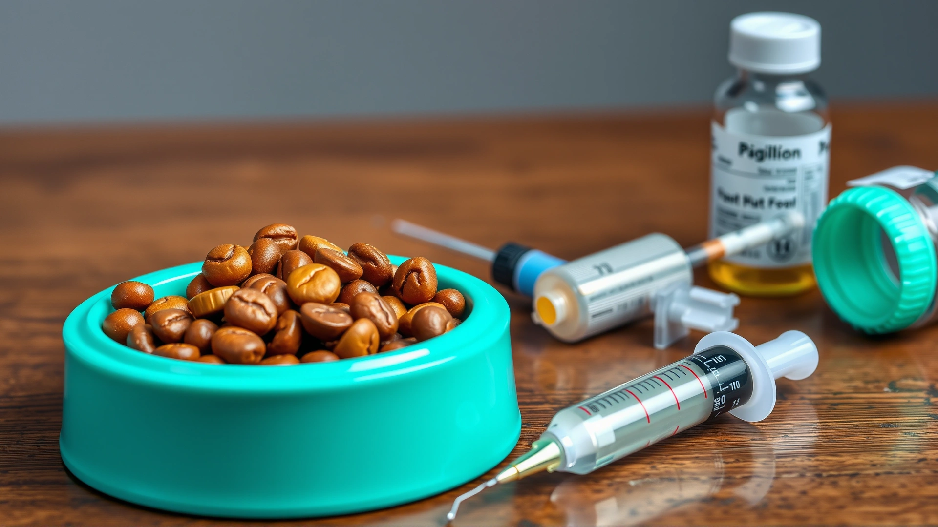 Close-up of prescription cat food bowl next to liquid medication syringe and pill bottle on a wooden surface, shallow depth of field